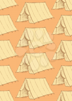 Sketch touristic tent in vintage style, vector seamless pattern