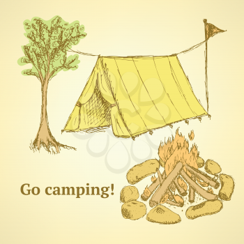 Sketch camping set in vintage style, vector