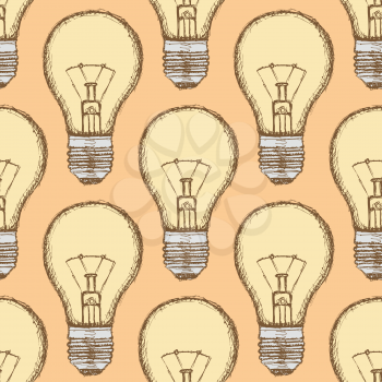 Sketch light bulb in vintage style, vector seamless pattern