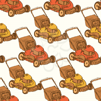 Sketch lawn mover in vintage style, vector seamless pattern