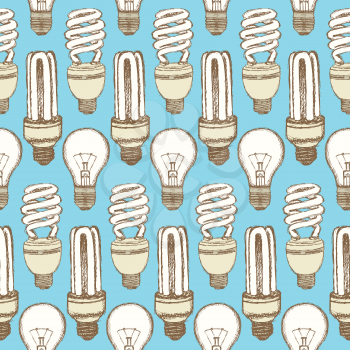 Sketch  light bulbs in vintage style, vector seamless pattern

