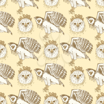Sketch harpia eagle head in vintage style, vector seamless pattern


