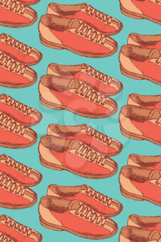 Sketch bowling shoes in vintage style, vector seamless pattern