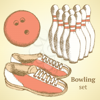 Sketch bowling set in vintage style, vector