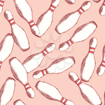 Sketch bowling pins in vintage style, vector seamless pattern