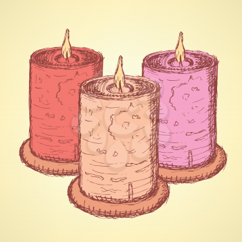 Sketch cute candle in vintage style, vector