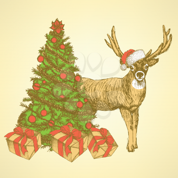 Sketch Christmas set in vintage style, vector
