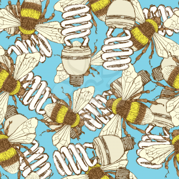 Sketch economic light bulb with bee, vector seamless pattern