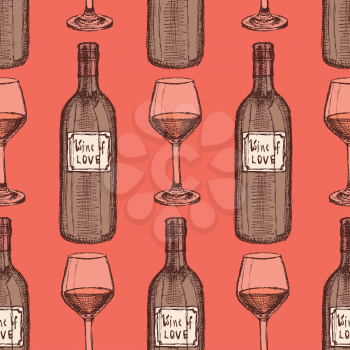 Sketch wine set in vintage style, vector seamless pattern