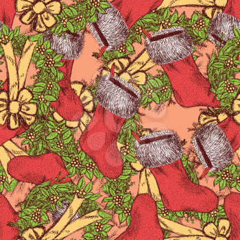 Sketch Christmas seamless pattern in vintage style, vector