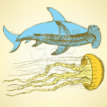 Sketch sea creatures in vintage style, vector
