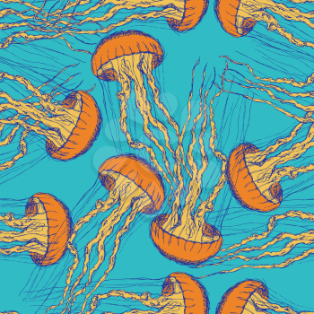 Sketch cute jellyfish in vintage style, vector seamless pattern