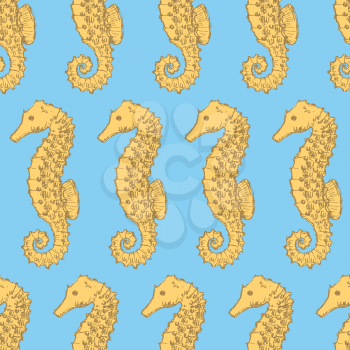 Sketch seahorse in vintage style, vector seamless patter