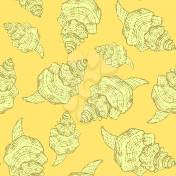 Sketch sea shell in vintage style, vector seamless pattern
