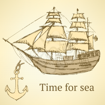 Sketch anchor and ship in vintage style, vector