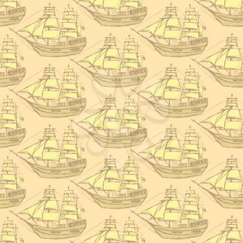 Sketch sea ship in vintage style, vector seamless pattern