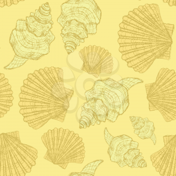 Sketch sea shell in vintage style, vector seamless pattern

