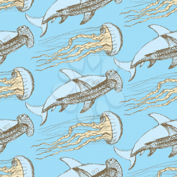 Sketch hammerhead shark and jellyfish in vintage style, vector seamless pattern