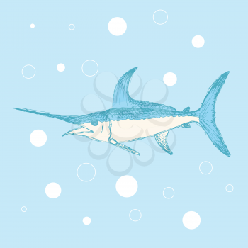 Sketch cute swordfish in vintage style, vector