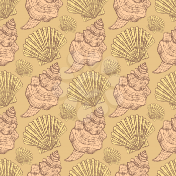 Sketch sea shell in vintage style, vector seamless pattern