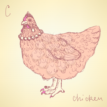 Sketch chicken hipster in vintage style, vector