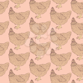 Sketch chicken hipster in vintage style, vector seamless pattern