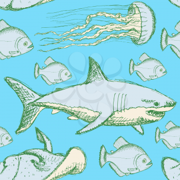 Sketch sea creatures in vintage style, vector seamless pattern