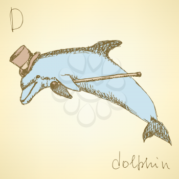 Sketch fancy dolphin in vintage style, vector