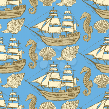 Sketch sea in vintage style, vector seamless pattern