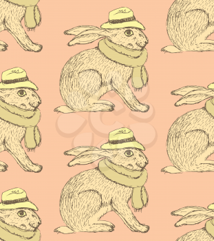 Sketch fancy hare in vintage style, vector seamless pattern