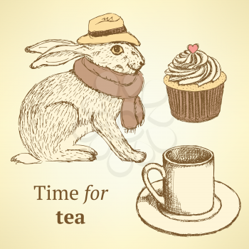 Sketch fancy hare, cup, cupcake in vintage style, vector