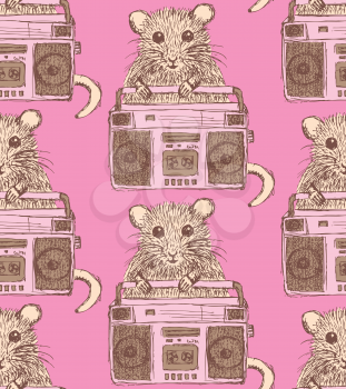 Sketch fancy mouse in vintage style, vector seamless pattern