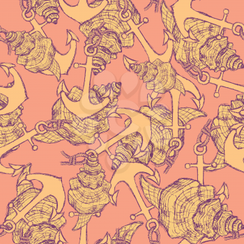 Sketch anchor and shells in vintage style, vector seamless pattern

