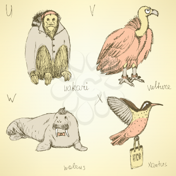 Sketch fancy animals alphabet in vintage style, vector u, v, w, x