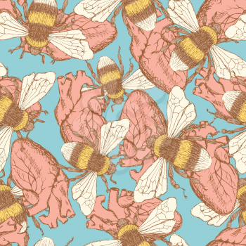 Sketch bee and heart  in vintage style, vector seamless pattern