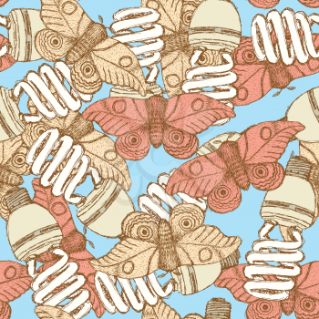 Sketch lamps and moths in vintage style, vector seamless pattern