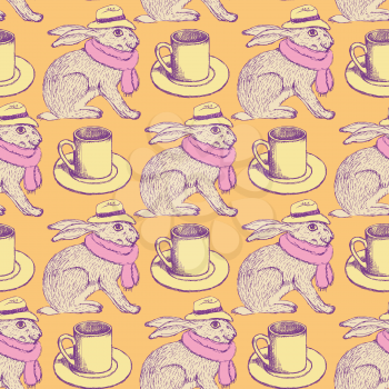 Sketch hare and cup in vintage style, vector seamless pattern

