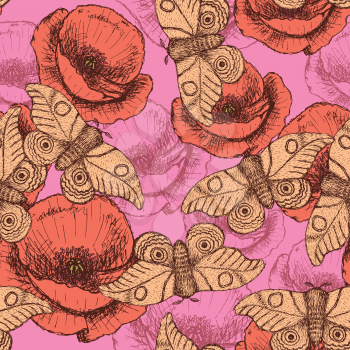 Sketch moth and poppy in vintage style, vector seamless pattern


