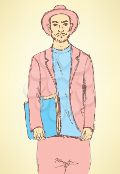 Sketch handsome hipster guy in vintage style, vector

