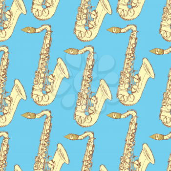 Sketch saxophone musical instrument in vintage style, vector seamless pattern