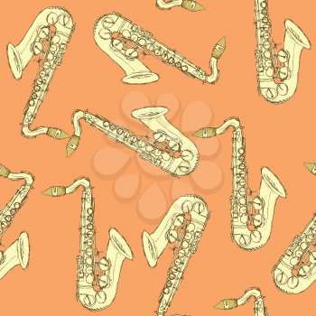 Sketch saxophone musical instrument in vintage style, vector seamless pattern