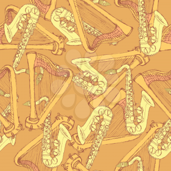 Sketch harp and saxophone in vintage style, vector seamless pattern