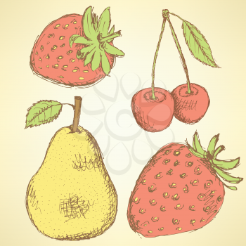 Sketch pear, strawberry and cherry in vintage style, vector