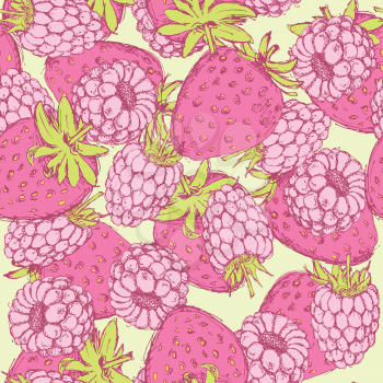 Sketch strawberry and raspberry in vintage style, vector seamless pattern