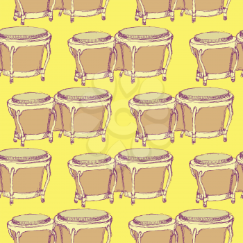 Sketch bongos musical instrument in vintage style, vector seamless pattern