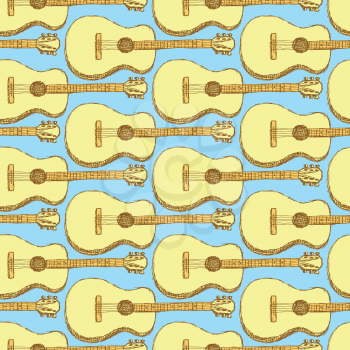 Sketch guitar musical instrument in vintage style, vector seamless pattern