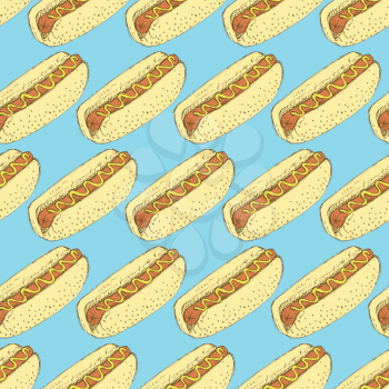 Sketch hot dog in vintage style, vector seamless pattern