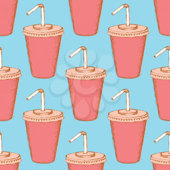 Sketch soda cup in vintage style, vector seamless pattern