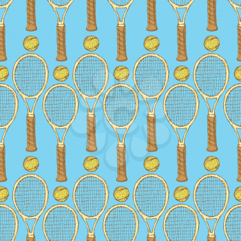 Sketch tennis equipment in vintage style, vector seamless pattern