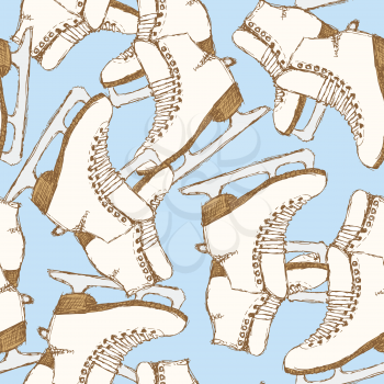 Sketch skating shoes in vintage style, vector seamless pattern